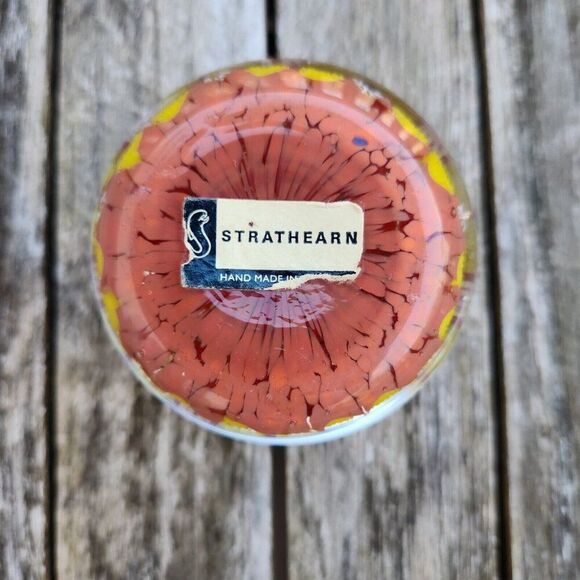 STRATHEARN Art Glass Scotland Millefiori Spoke Latticino Paperweight Red Yellow - Picture 5 of 7